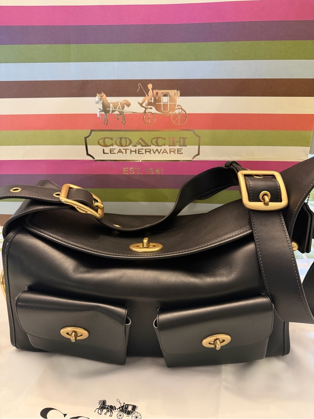 NWT Coach Haversack CDZ12 Black Leather Brass Shoulder Bag, Bleecker Archive